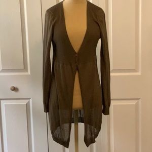 White & Warren - Olive Green Long 2 Button Sheer Sweater- Small